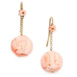 A PAIR OF CHINESE CARVED CORAL DROP EARRINGS, EARLY 20TH CENTURY in yellow gold, each formed of a