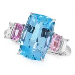 AN AQUAMARINE, PINK SAPPHIRE AND DIAMOND RING in platinum, comprising of a cushion cut aquamarine of