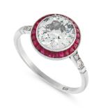 A DIAMOND AND RUBY TARGET RING in Art Deco design, in platinum, set with a central round cut diamond