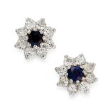 A PAIR OF SAPPHIRE AND DIAMOND STUD EARRINGS in 18ct yellow and white gold, each set with a round