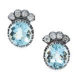 A PAIR OF ANTIQUE AQUAMARINE AND DIAMOND EARRINGS in yellow gold and silver, each set with four