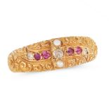 AN ANTIQUE RUBY, DIAMOND AND PEARL RING in 18ct yellow gold, comprising of a row of old cut diamonds