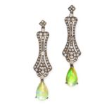 A PAIR OF OPAL AND DIAMOND DROP EARRINGS the elongated scrolling body is set with round cut diamonds