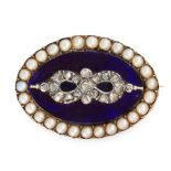 AN ANTIQUE DIAMOND, PEARL AND GLASS BROOCH in yellow gold, the oval face is set with rose cut