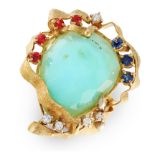 AN OPAL, RUBY, SAPPHIRE AND DIAMOND RING in 15ct yellow gold, in abstract design, set with a central