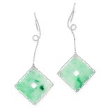 A PAIR OF JADEITE JADE AND DIAMOND DROP EARRINGS in 18ct white gold, comprising of a swirling bar,