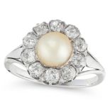 A DIAMOND AND NATURAL PEARL CLUSTER RING in 18t white gold set with a natural pearl in a cluster