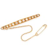 AN ANTIQUE PEARL AND DIAMOND BAR BROOCH in high carat yellow gold, the tapering bar set with