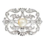 A PEARL AND DIAMOND BROOCH in platinum, in open framework design, set with a pearl of 10.14mm and
