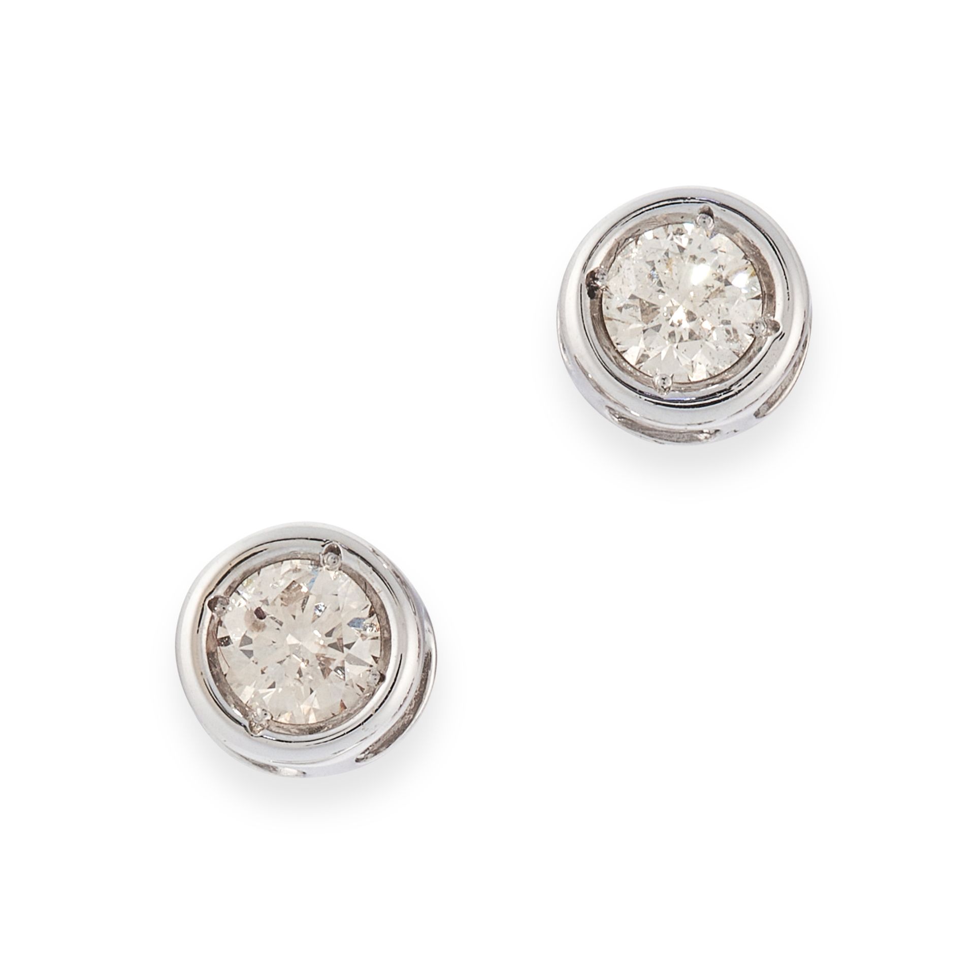 A PAIR OF DIAMOND STUD EARRINGS in 18ct white gold, each set with a round cut diamond, stamped