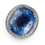 A 39.00 CARAT CEYLON NO HEAT SAPPHIRE, SAPPHIRE AND DIAMOND COCKTAIL RING in 18ct white gold, set