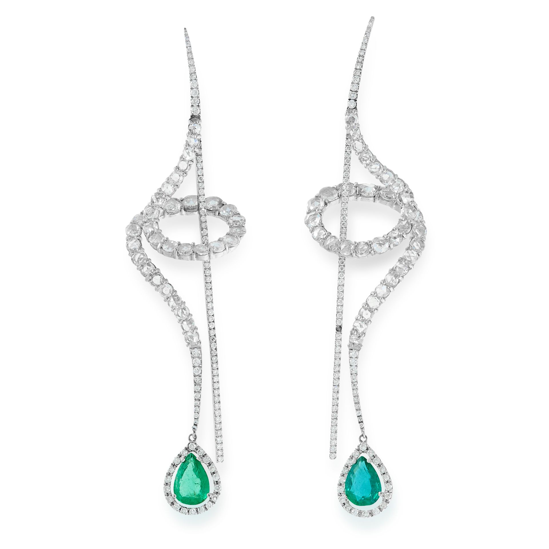A PAIR OF DIAMOND AND EMERALD DROP EARRINGS in 18t white gold, in swirling design, comprising of a