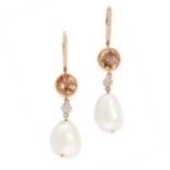 A PAIR OF PEARL, SMOKY QUARTZ AND DIAMOND EARRINGS in 18ct rose gold, the sleeper hook set with