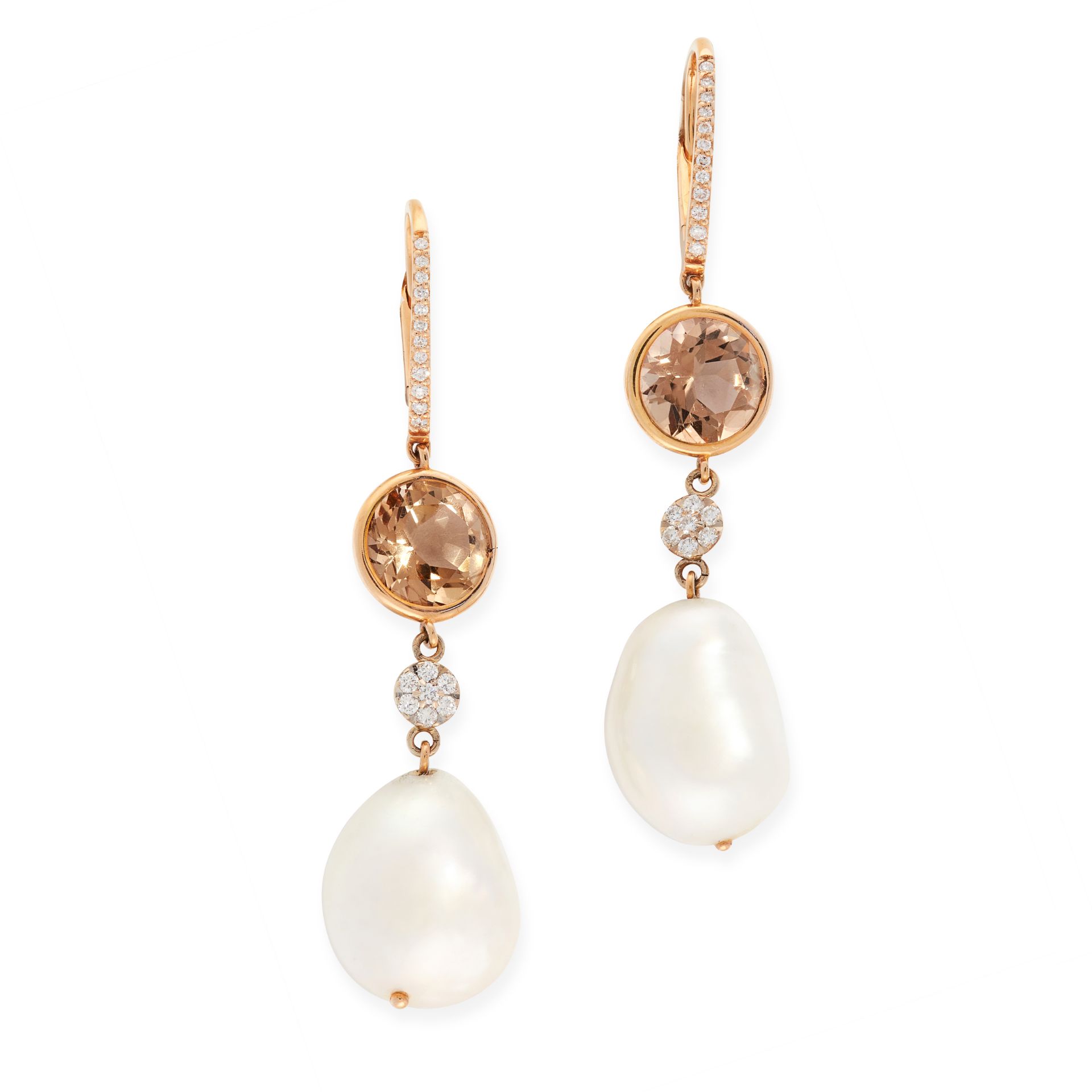 A PAIR OF PEARL, SMOKY QUARTZ AND DIAMOND EARRINGS in 18ct rose gold, the sleeper hook set with