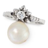 A NATURAL PEARL AND DIAMOND RING in 18ct white gold, set with a round cut diamond, suspending a