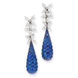 A PAIR OF SAPPHIRE AND DIAMOND DROP EARRINGS in 18ct white gold, each set with three clusters of