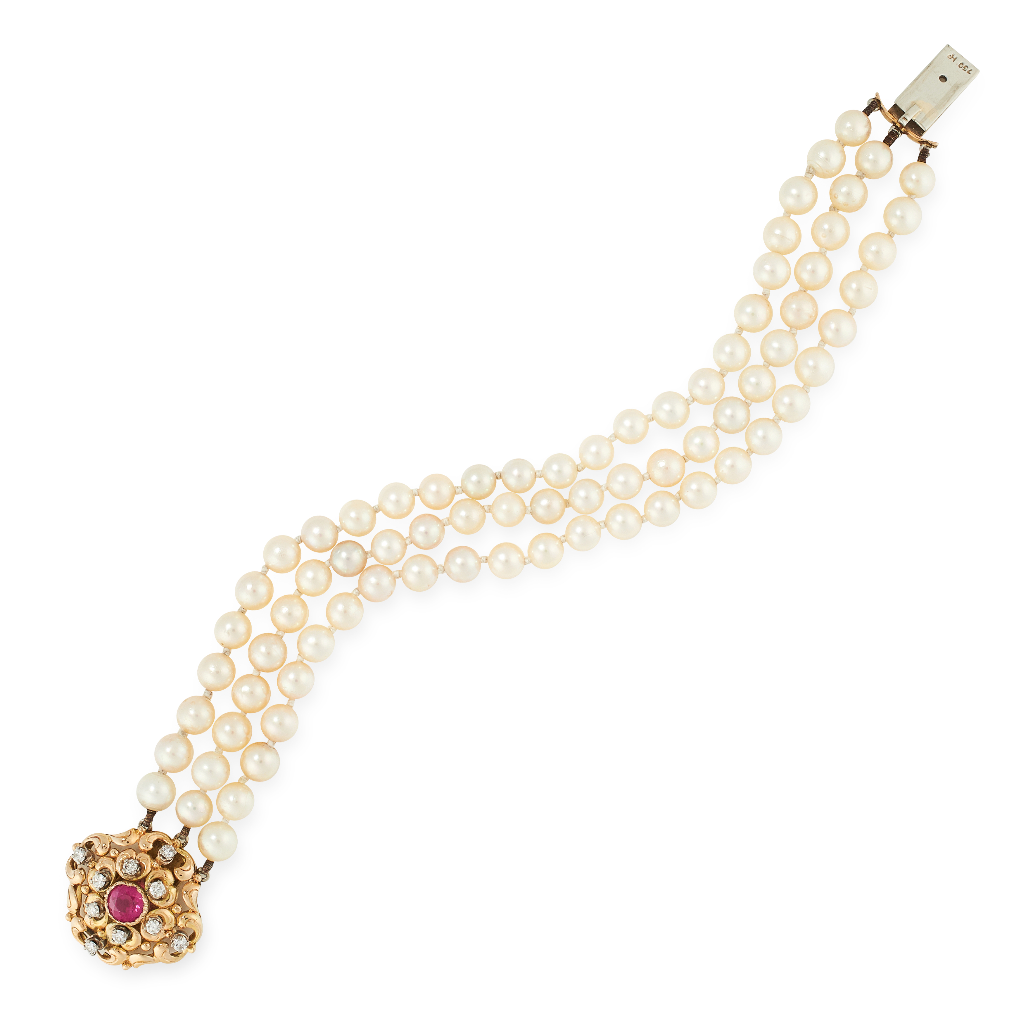 A PEARL RUBY AND DIAMOND BRACELET in 18ct white gold, comprising of three rows of pearls, jewelled