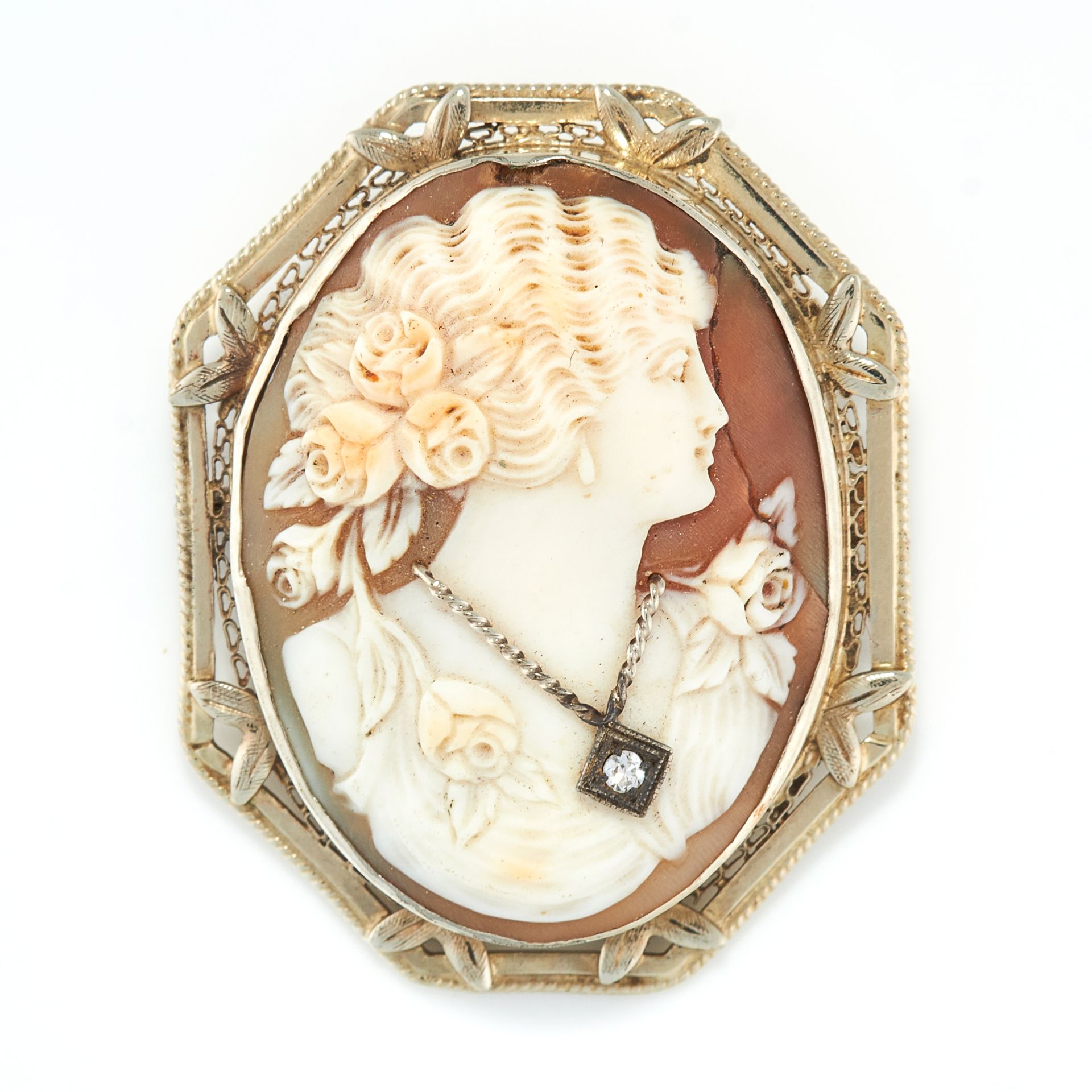 AN ANTQUE SHELL CAMEO depicting the bust of a lady, wearing a necklace, unmarked, 4.5cm, 12.8g.