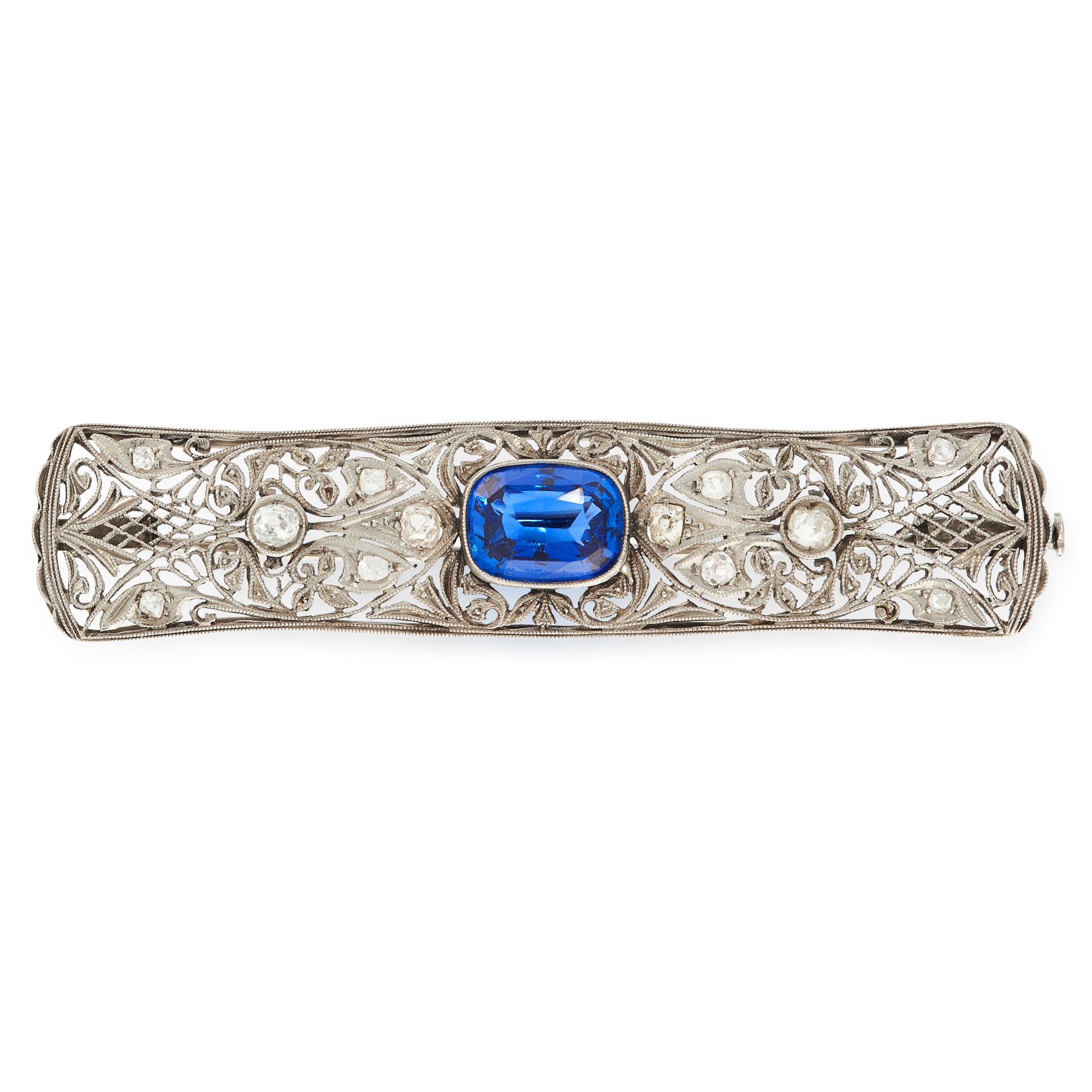 A SYNTHETIC SAPPHIRE AND DIAMOND BAR BROOCH in open framework design, set with a cushion cut
