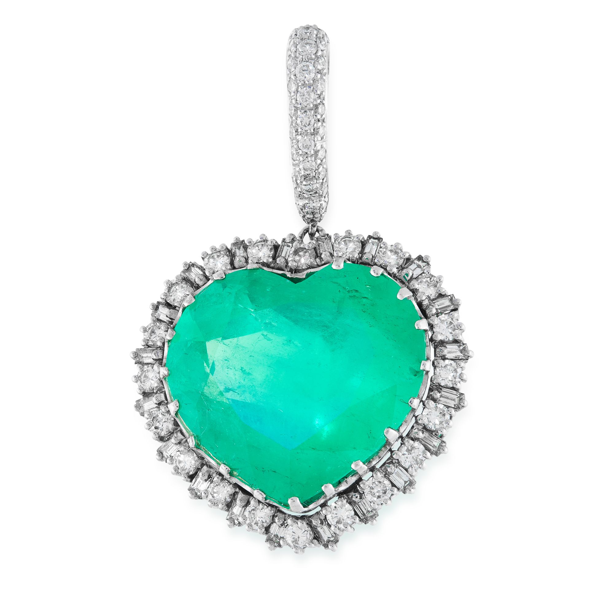 AN EMERALD AND DIAMOND PENDANT in platinum, comprising of a heart cut emerald of approximately 34.80