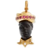 AN EBONY, PINK PASTE AND DIAMOND BLACKAMOOR PENDANT comprising of a carved ebony bust, the turban is
