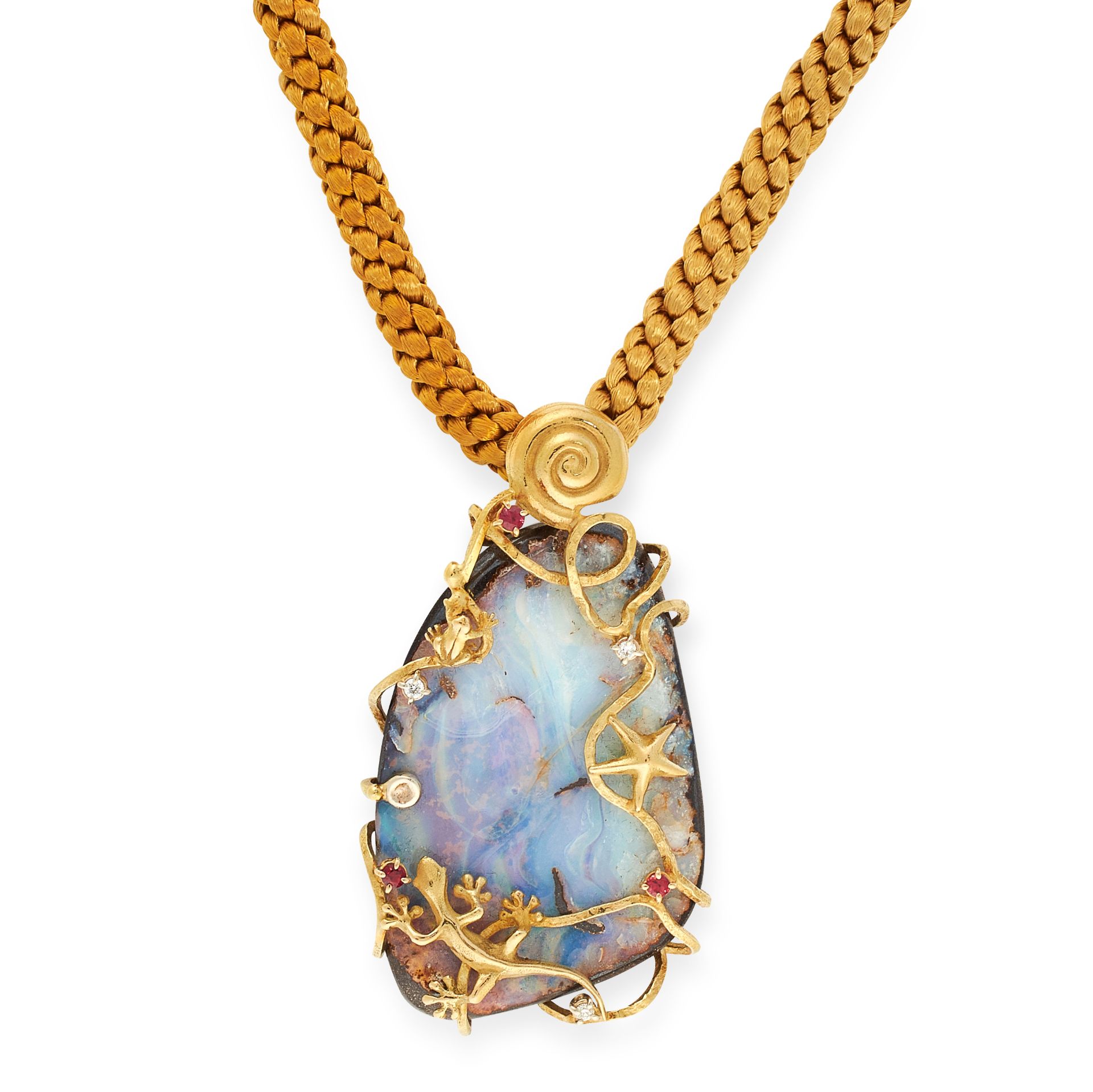 A BOULDER OPAL, RUBY AND DIAMOND NECKLACE set on a rope cord, comprising of a boulder opal of 5.5cm,