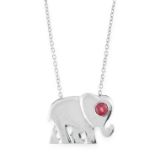 A RUBY ELEPHANT PENDANT AND CHAIN in 18ct white gold, designed as an elephant, jewelled with a round