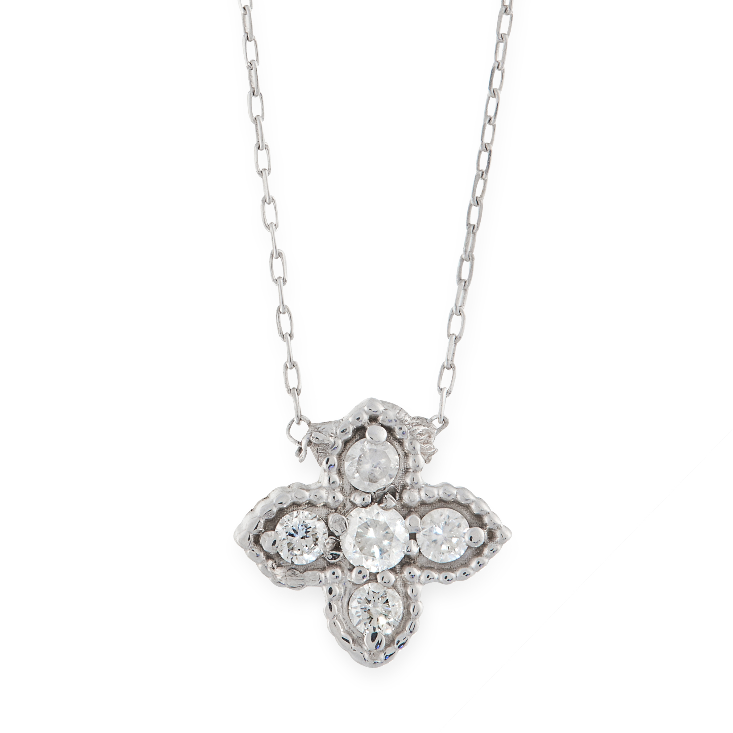 A DIAMOND QUATREFOIL PENDANT AND CHAIN in 18ct white gold, the pendant designed as a quatrefoil, set