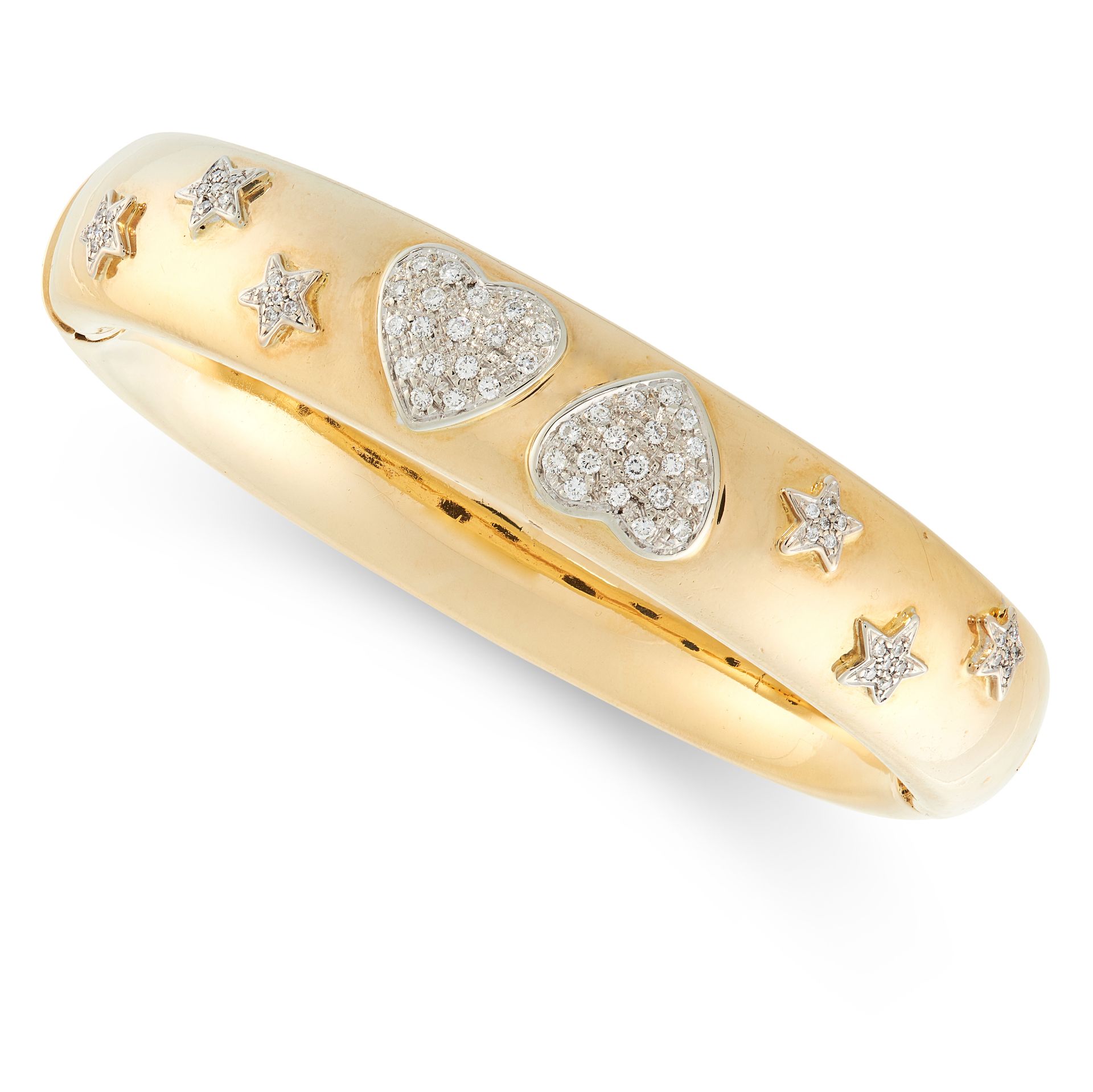 A DIAMOND BANGLE, POMELLATO in 18ct yellow gold, set with heart and star motifs, set with round