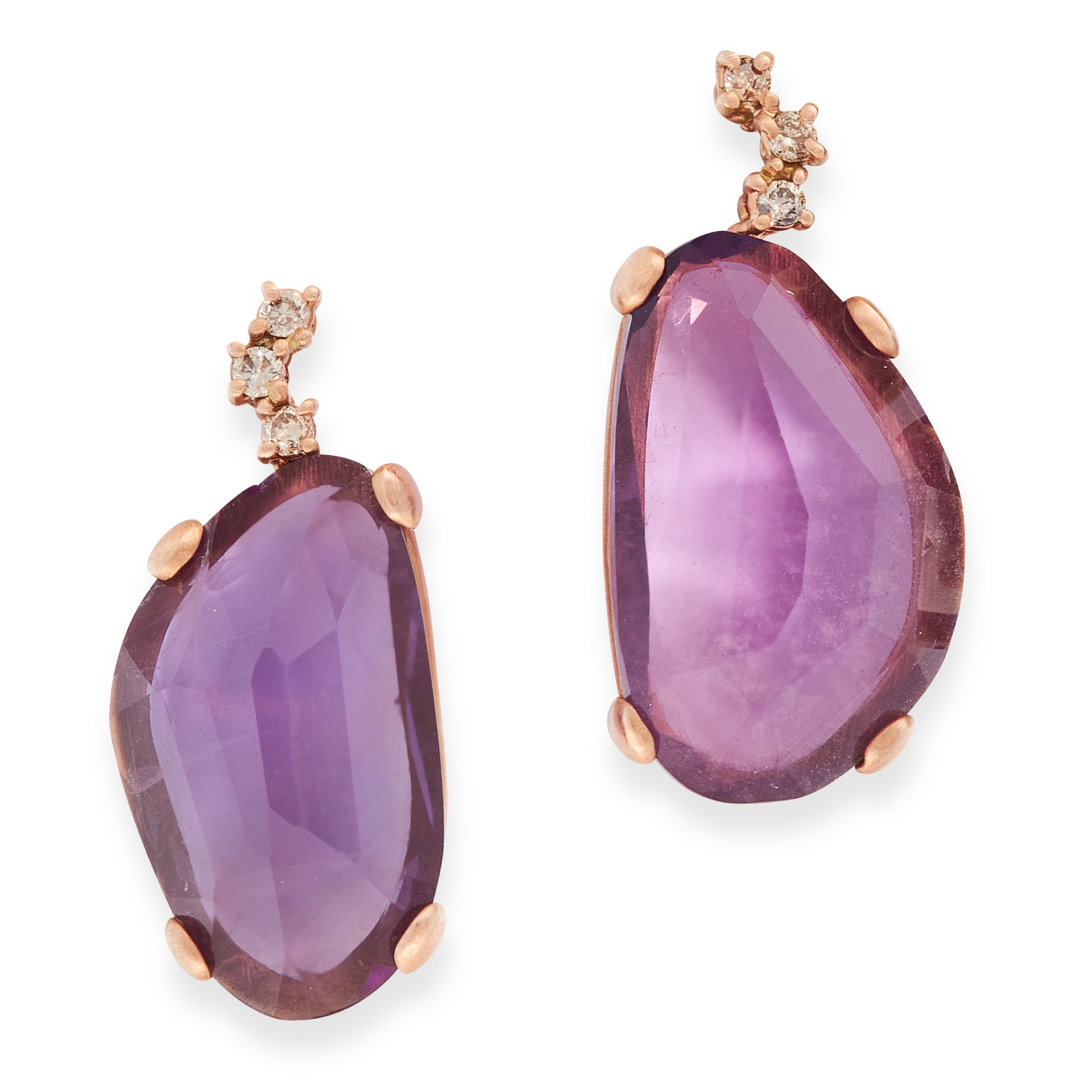 A PAIR OF AMETHYST AND DIAMOND EARRINGS, in 18ct rose gold, each set with a trio of round cut