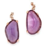 A PAIR OF AMETHYST AND DIAMOND EARRINGS, in 18ct rose gold, each set with a trio of round cut
