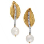 A PAIR OF PEARL AND DIAMOND LEAF EARRINGS in leaf design, the spine set with round cut diamonds,