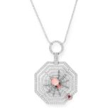 A CONCH PEARL, RUBY AND DIAMOND SPIDER'S WEB NECKLACE in 18ct white gold, comprising of a chain