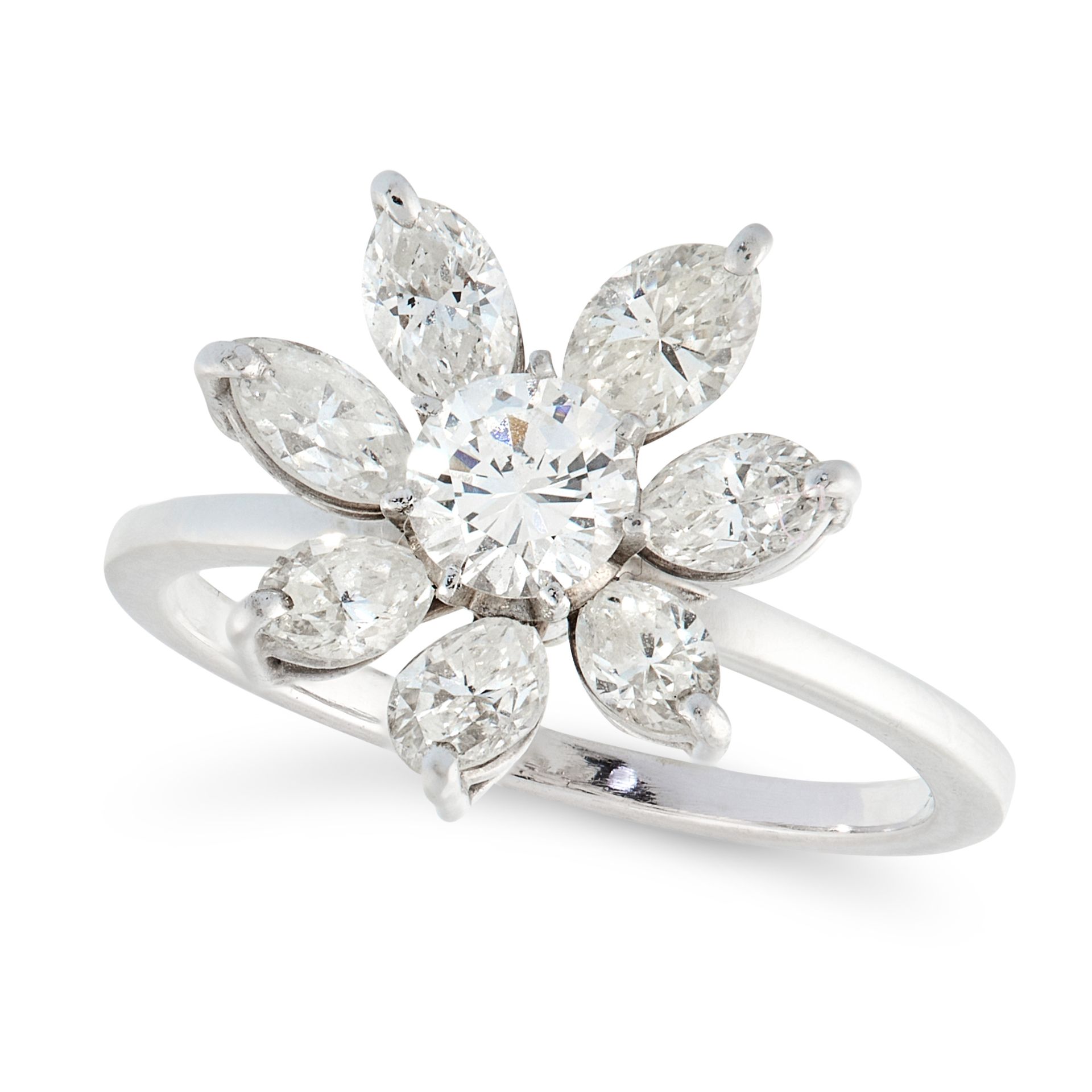 A DIAMOND FLOWER RING in white gold, designed as an articulated flower, set with a round cut diamond