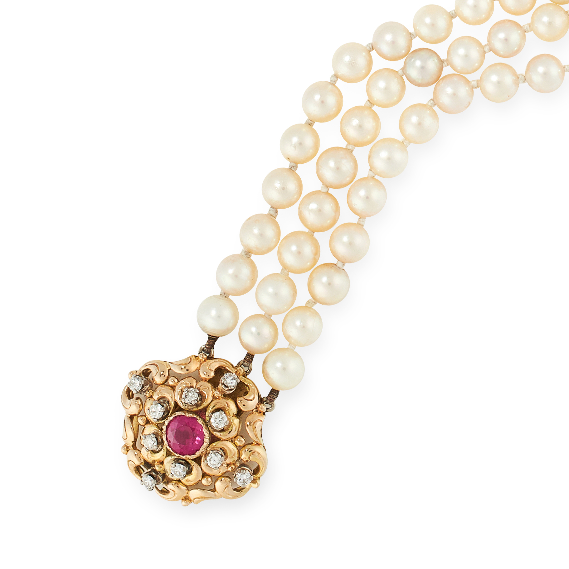 A PEARL RUBY AND DIAMOND BRACELET in 18ct white gold, comprising of three rows of pearls, jewelled - Image 2 of 2