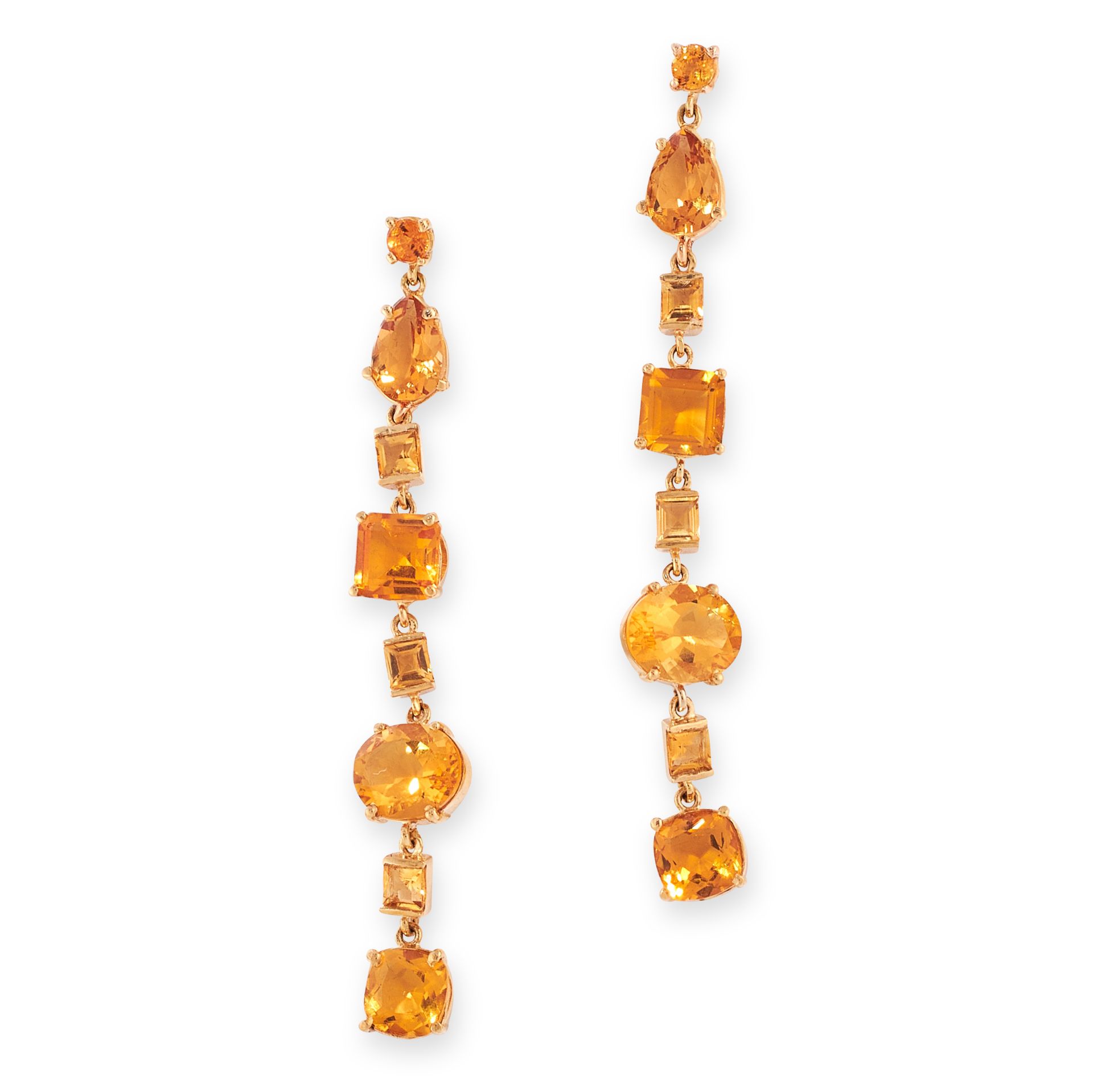 A PAIR OF CITRINE DROP EARRINGS in 18ct yellow gold, in drop form, set with round, pear, square