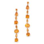 A PAIR OF CITRINE DROP EARRINGS in 18ct yellow gold, in drop form, set with round, pear, square