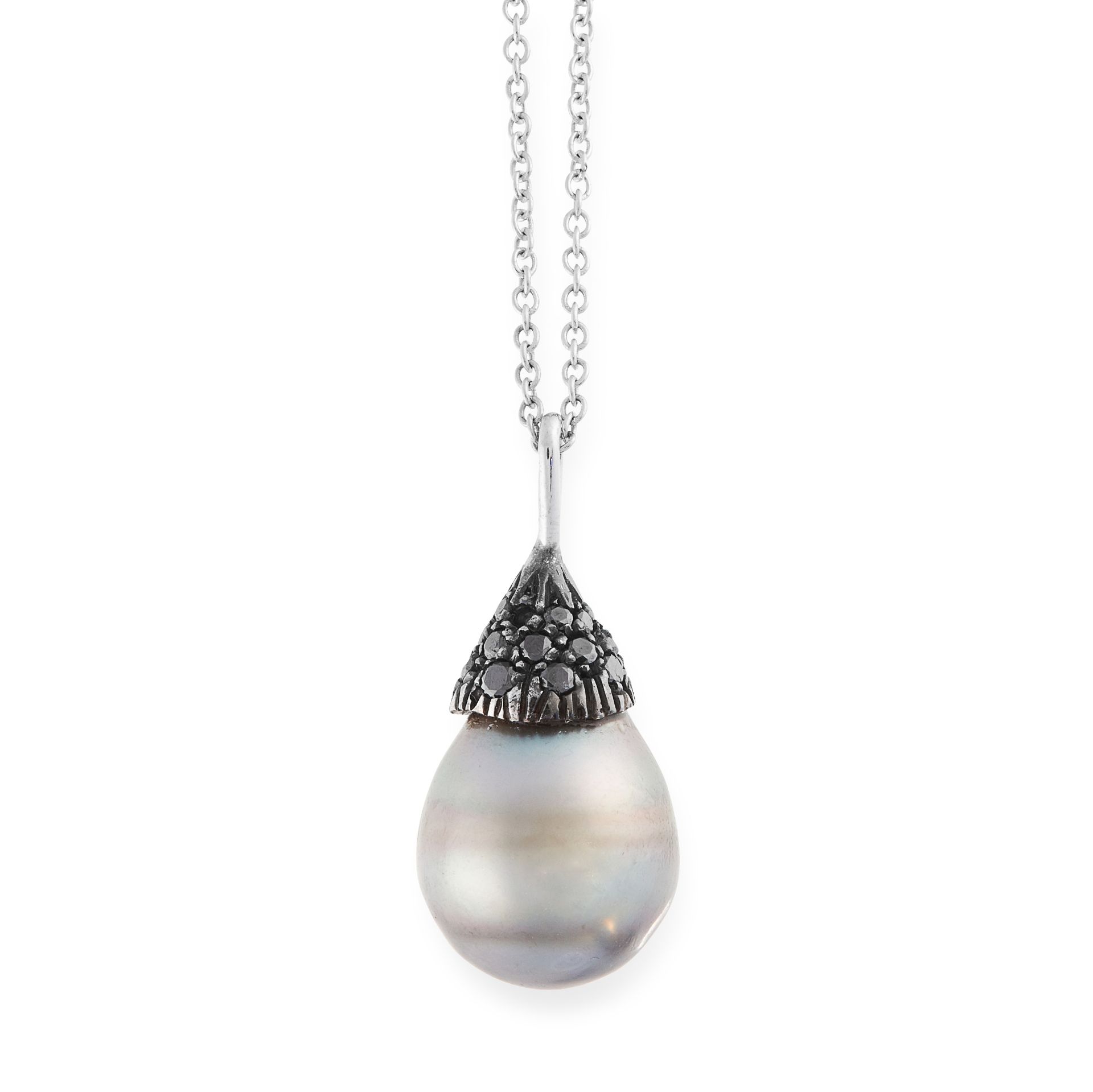 A BLACK PEARL AND BLACK DIAMOND PENDANT AND CHAIN in 18ct white gold, set with a black pearl and