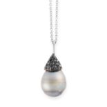 A BLACK PEARL AND BLACK DIAMOND PENDANT AND CHAIN in 18ct white gold, set with a black pearl and