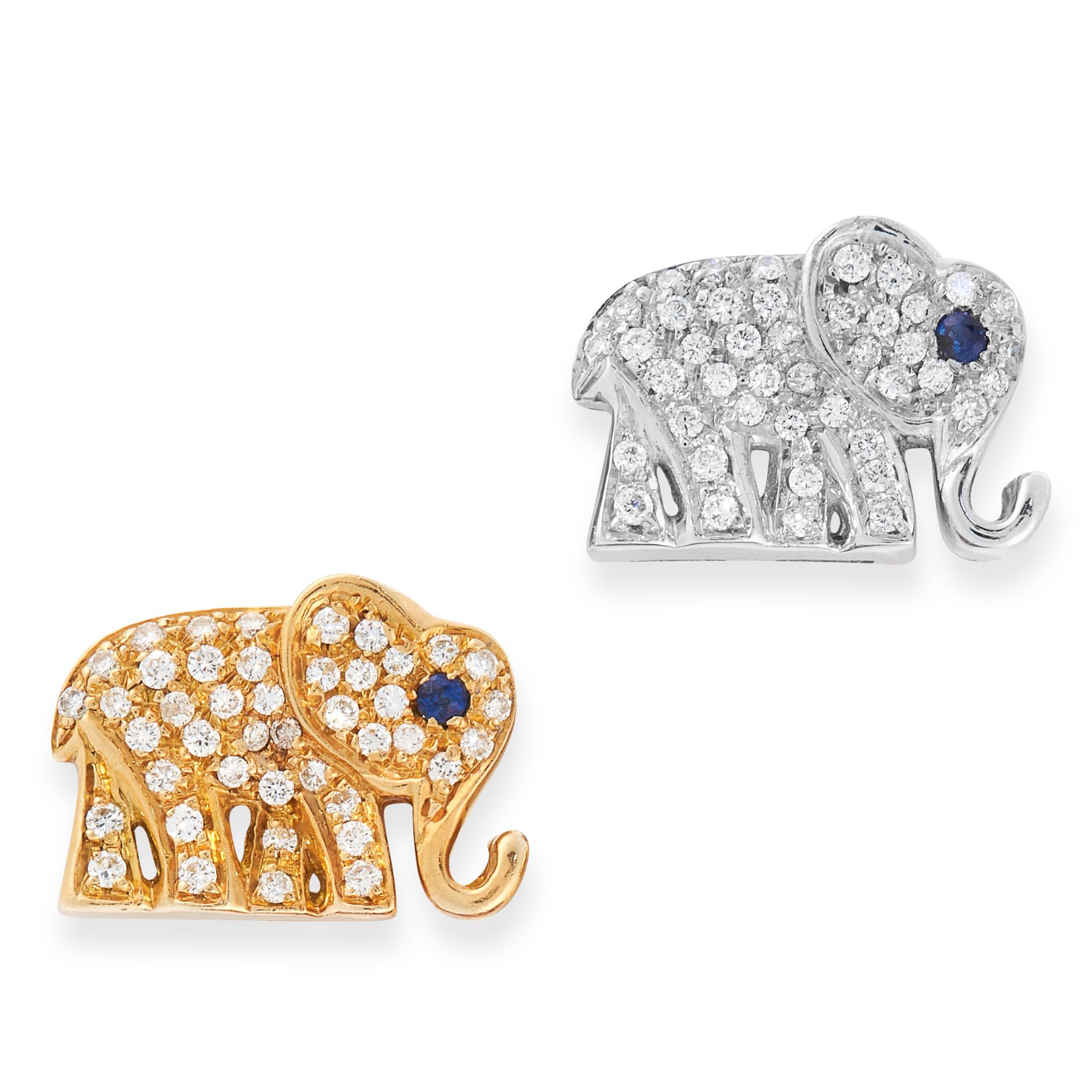 A PAIR OF SAPPHIRE AND DIAMOND ELEPHANT STUD EARRINGS in yellow and white gold, designed as