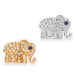 A PAIR OF SAPPHIRE AND DIAMOND ELEPHANT STUD EARRINGS in yellow and white gold, designed as