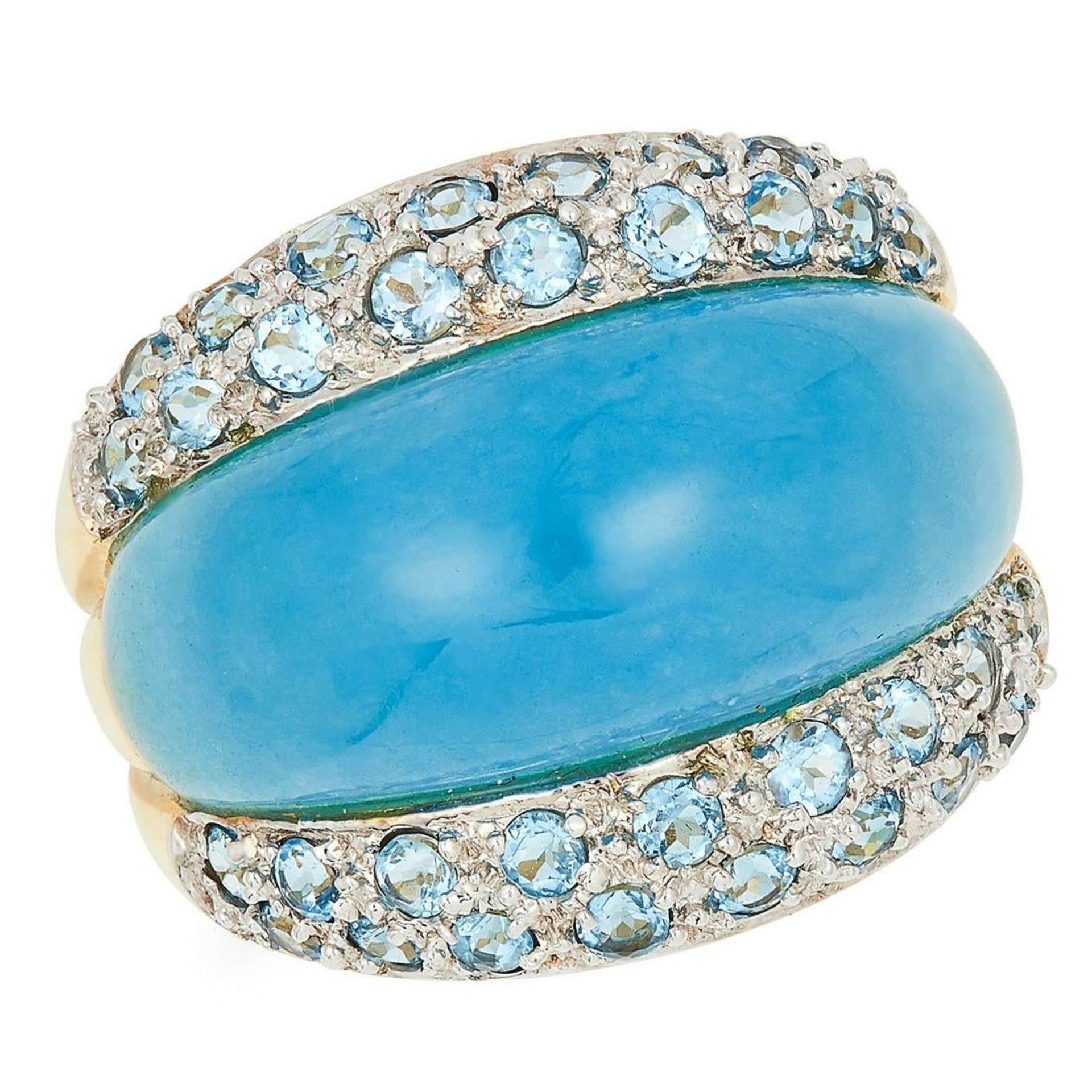 A BLUE HARDSTONE BOMBE RING, set with a blue hard stone and round cut blue stones, size M / 6, 7.1g.