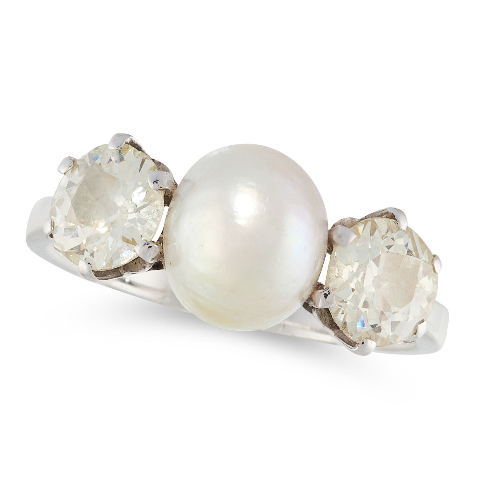 A NATURAL PEARL AND DIAMOND THREE STONE RING in 18t white gold, set with a natural pearl between two