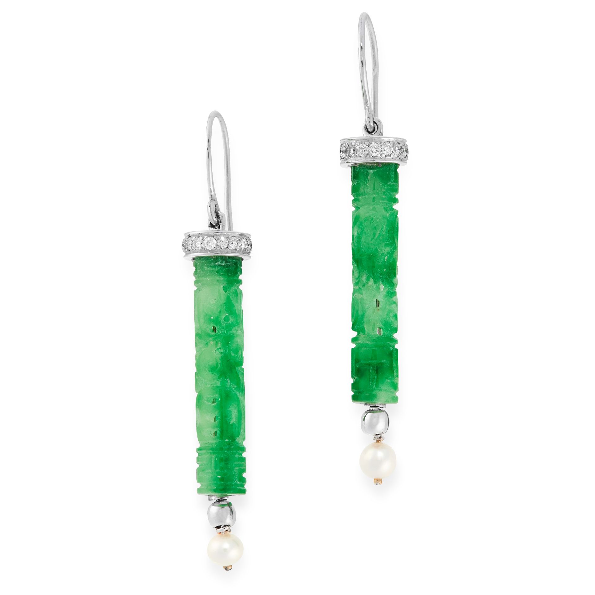 A PAIR OF JADEITE JADE, DIAMOND AND PEARL DROP EARRINGS in 18ct white gold, comprising of a carved