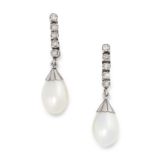 A PAIR OF PEARL AND DIAMOND DROP EARRINGS each set with five round brilliant cut diamonds,