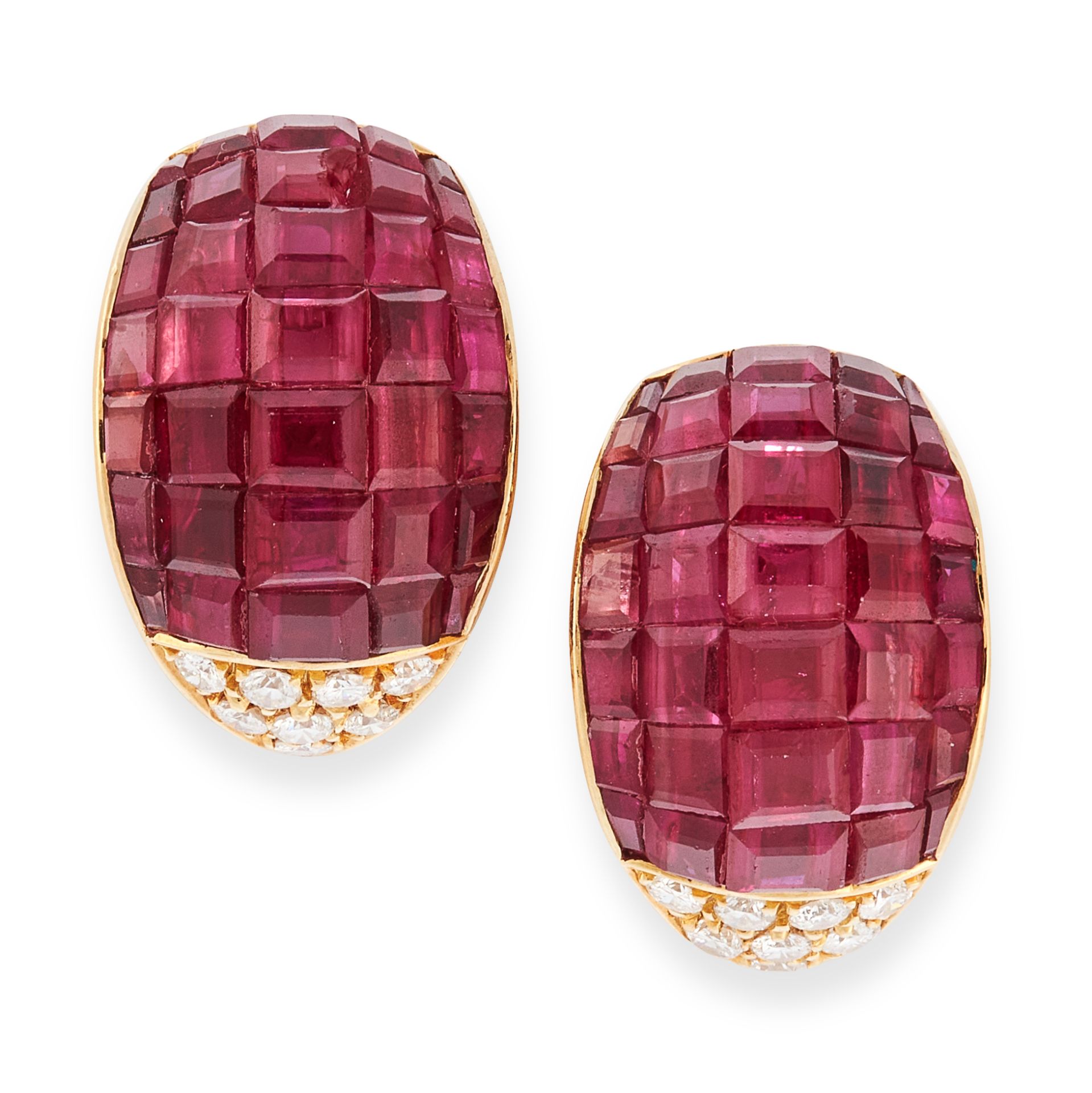 A PAIR OF RUBY AND DIAMOND EARRINGS, in yellow gold, in tapering design, set with mystery set step