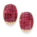 A PAIR OF RUBY AND DIAMOND EARRINGS, in yellow gold, in tapering design, set with mystery set step