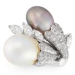 A BLACK AND WHITE PEARL AND DIAMOND RING in 18ct white gold, in crossover design, set with a white