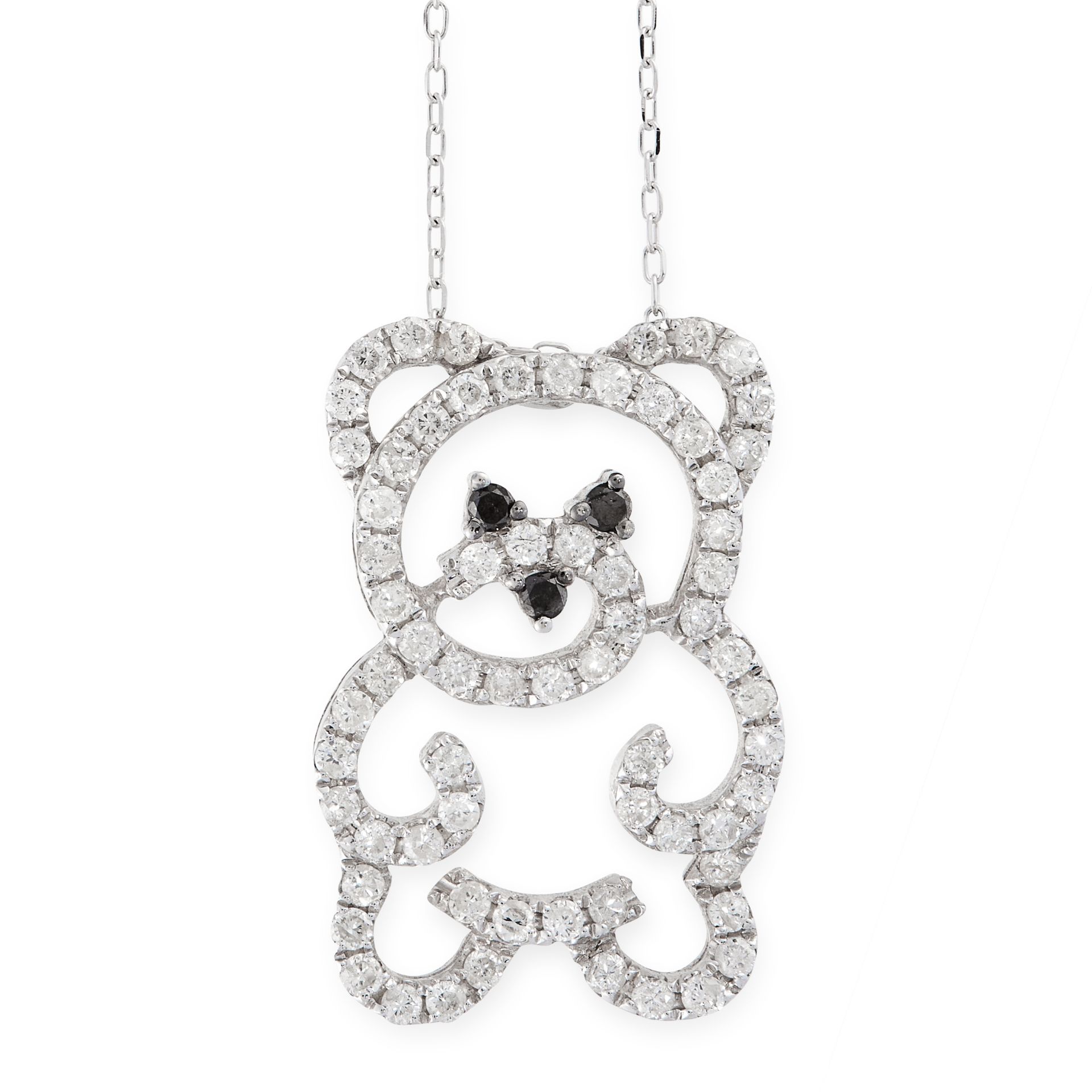 A DIAMOND AND SAPPHIRE TEDDY BEAR PENDANT AND CHAIN in 18ct white gold, designed as the outline of a
