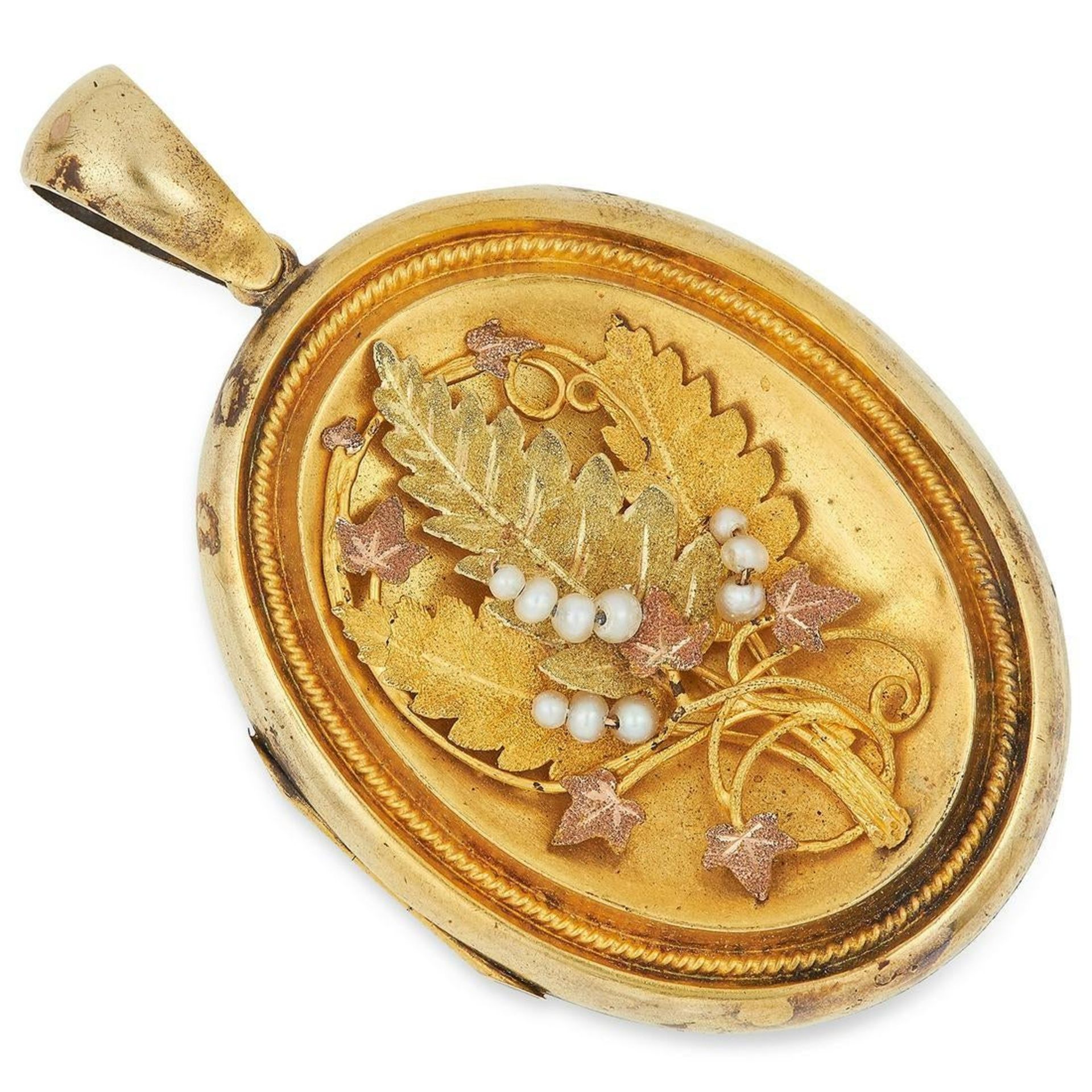 AN ANTIQUE PEARL MOURNING LOCKET in foliate design set with seed pearls, 5.5cm, 17.7g.